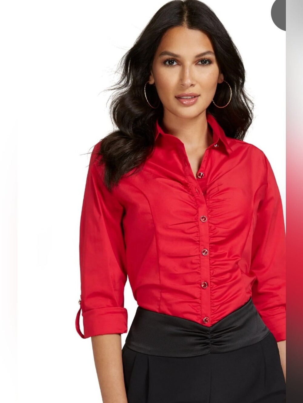 7TH Avenue New York Women’s Ruched Button-Front Short Sleeve Shirt - Red